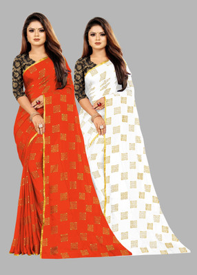 RHEY Printed Bollywood Chiffon Saree(Pack of 2, White, Orange)