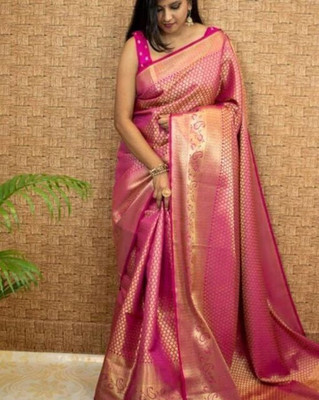 SSP TEX Woven Kanjivaram Silk Blend Saree(Silver, Pink)