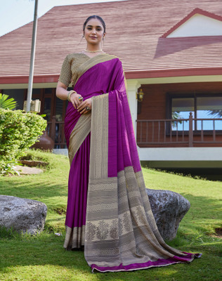 SIRIL Printed Daily Wear Silk Blend Saree(Beige, Purple)