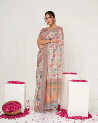 SHRIVAN FASHION Printed Bollywood Cotton Linen Saree(Cream, Brown)