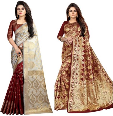 Hinayat Fashion Embellished, Woven Kanjivaram Jacquard, Silk Blend Saree(Pack of 2, Maroon, White)