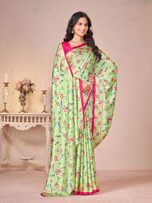 GARDEN VARELI Floral Print Bollywood Satin Saree(Green)