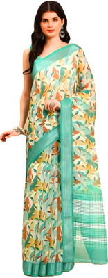 StyleDeal Geometric Print Bollywood Cotton Linen Saree(Light Green)