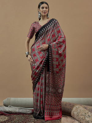 Tasrika Printed Hand Batik Crepe Saree(Maroon)
