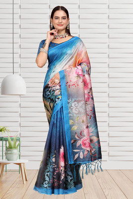 Mugdarra Floral Print Daily Wear Cotton Silk Saree(Light Blue)