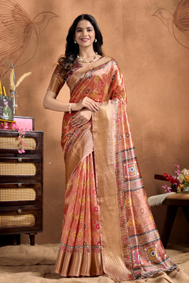 TRINETRA STUDIO Printed, Woven Bollywood Silk Blend Saree(Orange, Multicolor)