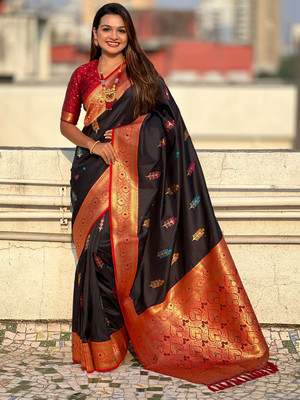 all about you Woven Daily Wear Silk Blend Saree(Black)