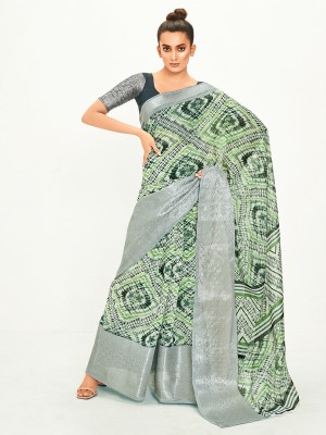 Divastri Geometric Print Chanderi Cotton Blend Saree(Green)