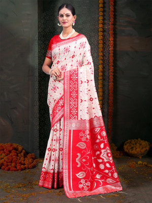 Divastri Woven Tant Cotton Linen Saree(White, Red)