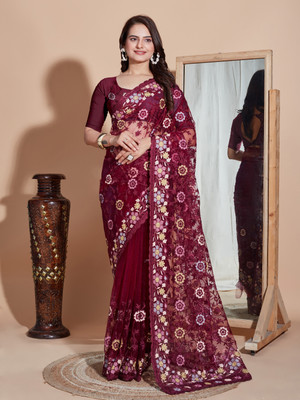 bal krishna Embroidered Handloom Net Saree(Maroon)