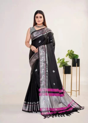 riddhi shivaay feb Woven Paithani Cotton Silk Saree(Black)