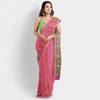 WoodenTant Woven Jamdani Cotton Silk Saree(Pink)