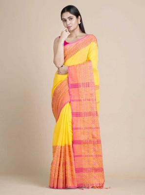 Rnn Self Design Handloom Pure Cotton Saree(Yellow)