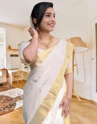 ShriSaree Woven Kasavu Pure Cotton Saree(White)