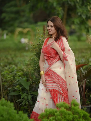 YINATZ KY GARCIA CREATION Woven Mekhela Chador Cotton Blend Saree(White, Red)