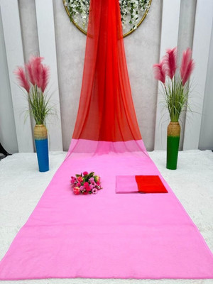 Gold Art Fashion Solid/Plain Bollywood Georgette Saree(Pink, Red)