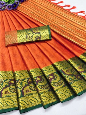 Fashion Club Collection Woven Kanjivaram Cotton Silk, Pure Silk Saree(Orange)