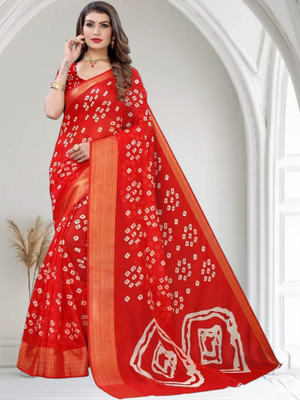 Grubstaker Printed Hand Batik Cotton Blend Saree(Red)