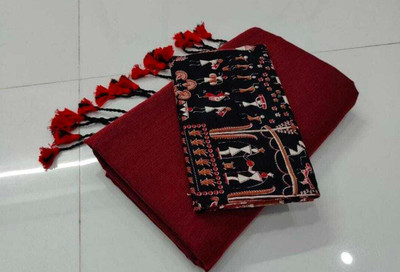 HouseOfCommon Solid/Plain, Printed Kalamkari Handloom Pure Cotton Saree(Maroon, Black)