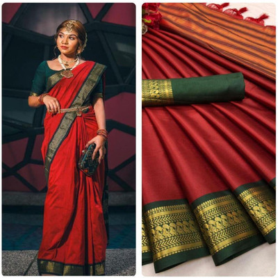 Vichitra Solid/Plain Bollywood Cotton Blend Saree(Multicolor)