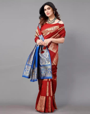 NESHVI ENTERPRISE Woven Banarasi Jacquard, Silk Blend Saree(Red)