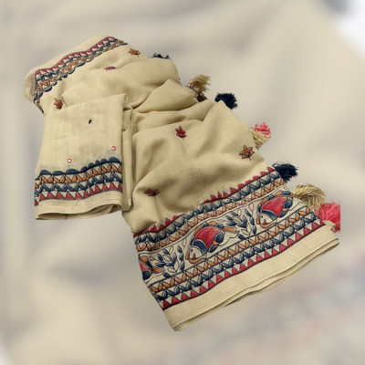 TRUORIGIN Printed Bollywood Cotton Linen, Linen Saree(Cream)