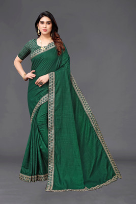 HouseOfCommon Solid/Plain Bollywood Silk Blend Saree(Green)