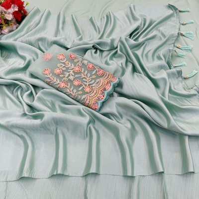 Ethina Fashion Dyed Bollywood Satin Saree(Light Blue)