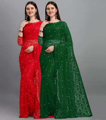 LOROFY Self Design Bollywood Net, Brasso Saree(Pack of 2, Multicolor)