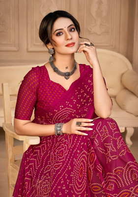 Xclusive Designer Geometric Print Bandhani Chiffon Saree(Magenta)