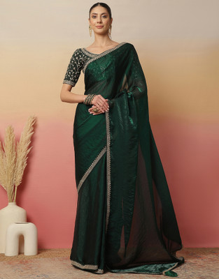 Sangria Solid/Plain, Embellished, Embroidered Bollywood Lace, Tissue Saree(Green)