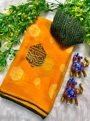 MANVIKA FASHION Tie-Dye Bandhani Chiffon Saree(Yellow)