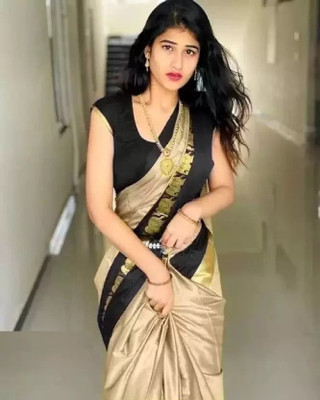 HouseOfCommon Printed Bollywood Cotton Silk Saree(Beige, Black)
