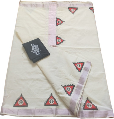 South Weavers Embellished Kasavu Cotton Blend Saree(Cream)