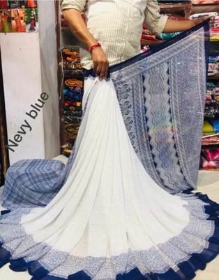 PRANJAL ART Checkered, Printed, Self Design, Digital Print, Embellished, Floral Print Daily Wear Georgette Saree(Dark Blue)