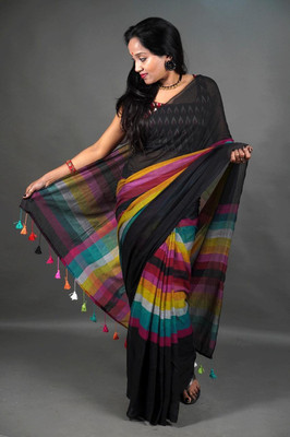 GHOSH TEXTILE Printed Handloom Khadi Saree(Black)