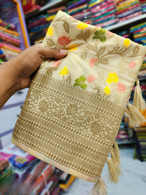 Pashmina Floral Print Saree with Attached Blouse Khadi, Pure Silk Saree(Cream)