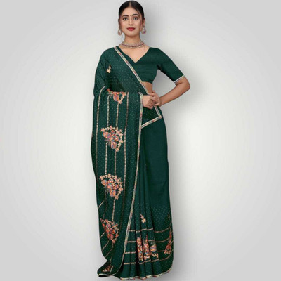 HouseOfCommon Embroidered Bollywood Georgette Saree(Dark Green)