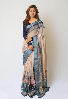 VCREATION Digital Print Bollywood Cotton Linen Saree(Brown)