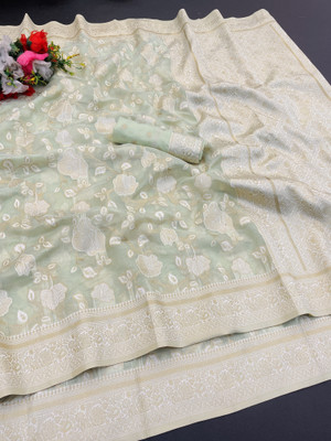 AAINA CREATION Floral Print Bollywood Tissue Saree(Light Green)