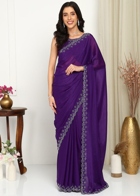 Patti Embroidered Assam Silk Georgette Saree(Purple)