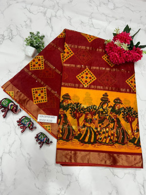 KRISHNA NX Printed Bandhani Pure Cotton Saree(Red)