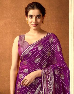 Divastri Striped Bollywood Chiffon, Georgette Saree(Purple)