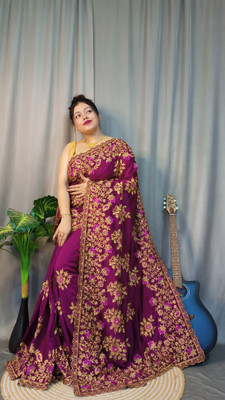 Dona Sharee Embroidered Bollywood Silk Blend Saree(Purple)