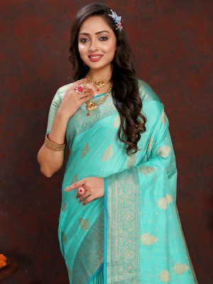 Spetila Woven, Ombre, Embellished, Floral Print Kanjivaram Jacquard, Pure Silk Saree(Light Blue)