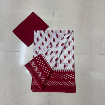 RAVI JANKI Printed Ikkat Pure Cotton Saree(White, Red)