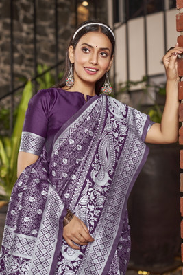 Sariya Printed Banarasi Jacquard, Silk Blend Saree(Purple)