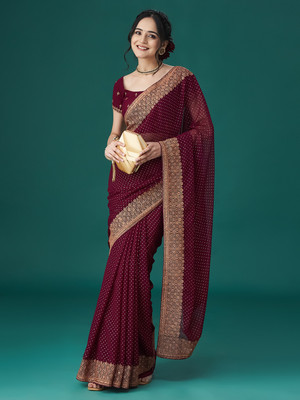 KASEE Embellished Madhubani Georgette Saree(Maroon)