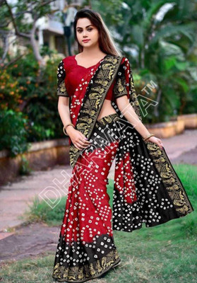shreeji creation Printed Bandhani Art Silk Saree(Grey)