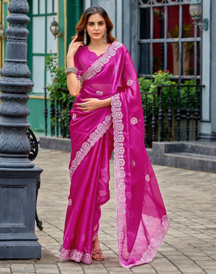 Satrani Embroidered, Embellished Bollywood Jimmy choo, Tissue Saree(Pink)